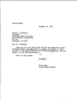Letter from Birch Bayh to Donald C. McGaughey of the Milwaukee Patent Law Association, December 12, 1979