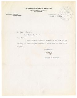 9 July 1922: To: Roy W. Howard. From: Robert P. Scripps.