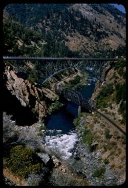 Hwy arch bridge and W.P.RR bridge over N. Fk. Feather river near Pulga.  Butte co., California.