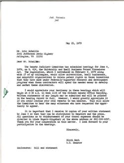 Letter from Birch Bayh to Eric P. Schellin of the National Small Business Association to Birch Bayh, May 25, 1979