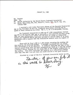 Memo from Joe to Senator re Speech Invitation by the United States Trademark Association, January 10, 1980