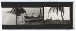 Item 0542. Various shots of Kimbrough and others in and around sailboats and canoes. Location probably the same as for items 536-540 above. 2 ½ contact prints on a strip.