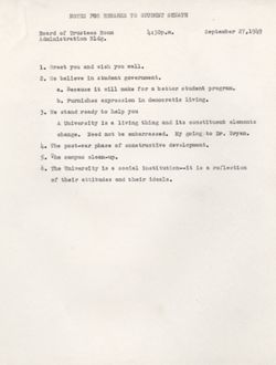 "Notes for Remarks to Student Senate." -Indiana University Board of Trustees Room. Sept. 27, 1949