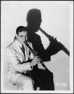 Publicity photograph of Benny Goodman playing the clarinet.