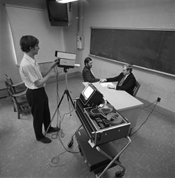 Creating promotional video for IU South Bend business school, 1970s