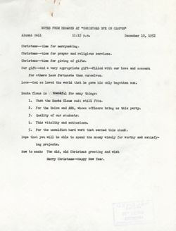 "Notes for Remarks Christmas Eve on Campus." -Alumni Hall December 10, 1952