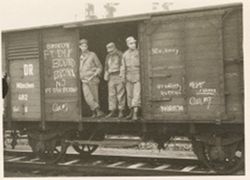 Soldiers in cattle car in Antwerp, Belgium