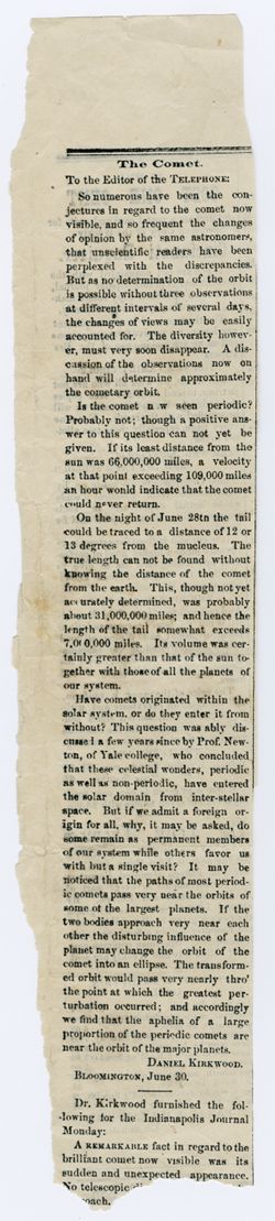 "The Comet." Bloomington Indiana Telephone (June 3, 18--).