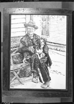 Pen and ink sketch of Dick Mobley with dog