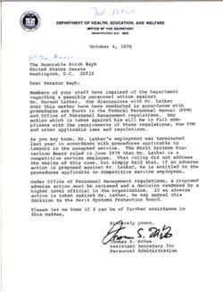 Letter from Thomas S. McFee of the Department of Health, Education, and Welfare to Birch Bayh, October 4, 1979