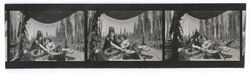 Item 0197. Various scenes of groups of men and women in boats at the "Floating Gardens." 3 prints on a strip. Similar scenes of a young woman in a dark mantilla and a young man in a wide-brimmed hat sitting on a deck of a barge or on a dock, beneath a fringed top. The man holds a guitar.