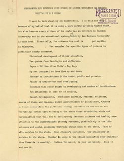"Memorandum for Luncheon Club Speech on Higher Education in Indiana" Aug. 25, 1939