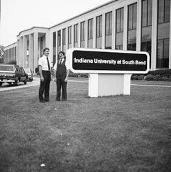 IU South Bend sign in front of Administration Building, 1980