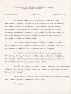 "Introduction of Professor Theodore M. Greene, Mahlon Powell Lecturer." -Indiana University Union Building. March 13, 1950