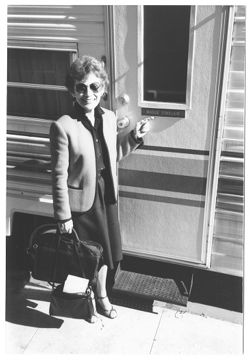 Phyllis Klotman outside of Madge Sinclair's trailer