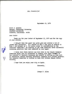 Letter from Joseph P. Allen to Niels Reimers of Stanford University, September 25, 1979