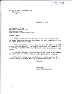 Letter from Birch Bayh to Barbara N. Wyatt of FunnelcaP Inc., December 6, 1979