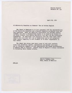19e: Progress in Carrying Out Recommendations of the All-University Committee on Students’ Use of Written English – School of Medicine, 29 April 1959