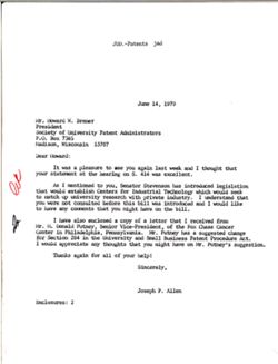 Letter from Joseph P. Allen to Howard W. Bremer of the Society of University Patent Administrators, June 14, 1979