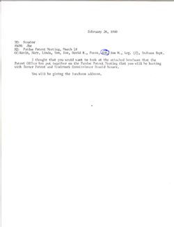 Memo from Joe to Senator re Purdue Patent Meeting, March 14, February 26, 1980