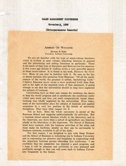 "Address of Welcome" -Sales Management Conference, Indiana University Nov. 7, 1939