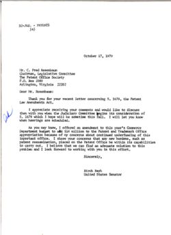 Letter from Birch Bayh to C. Fred Rosenbaum of the Patent Office Society, October 17, 1979