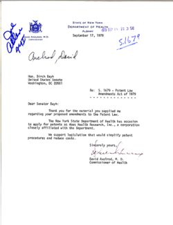 Letter from David Axelrod, New York Commissioner of Health, to Birch Bayh re S. 1679 Patent Law Amendments Act of 1979, September 17, 1979