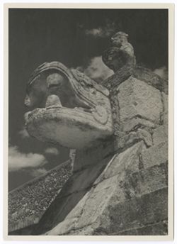 Item 0165. Close-up of serpent's head and stone figure above it at top of main stairway of the Temple of the Warriors. Taken from below and to the left.