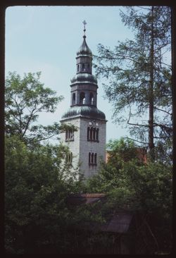 Tower of Mullne Kirche from path on Monchsberg Salzburg X
