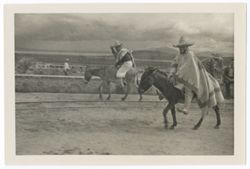 Item 0409.  Various shots of Eisenstein and man seen in Items 398, 401-407 above, riding donkeys in courtyard of Hacienda. On back of each, written in pencil: "4."