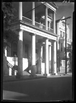 Building near St. Michael's church--pillars and wrought iron--South Carolina Society Hall (closeup print in Print Box 55)