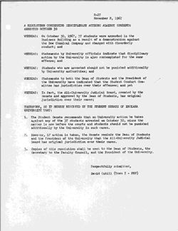 R-27 Resolution Concerning Disciplinary Actions Against Students Arrested October 30, 02 November 1967