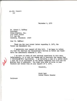 Letter from Birch Bayh to Edward J. Gaffney of Ortho-Kentics Inc., September 6, 1979