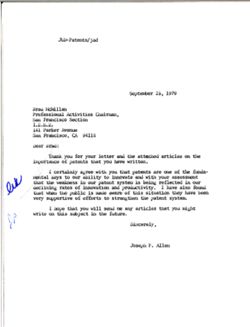 Letter from Joseph P. Allen to Brad McMillan of the Institute of Electrical and Electronics Engineers Inc., September 25, 1979