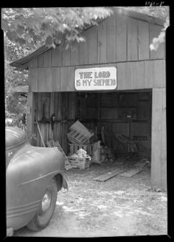 "The Lord is My Shepherd" sign on garage, state road 46, east of Nashville