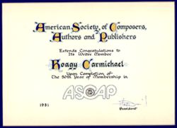 American Society of Composers, Authors, and Publishers. 50 year ASCAP membership certificate.