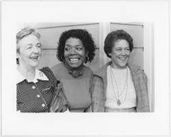 Maya Angelou with two unidentified women at Maya Angelou book party