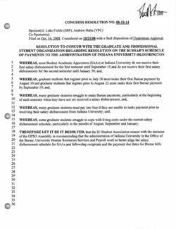 08-10-14 Resolution to Concur with the Graduate and Professional Student Organization Regarding Resolution on the Bursar’s Schedule of Payments to the Administration of Indiana University-Bloomington