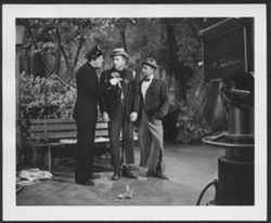 Three actors on soundstage during the taping of the Saturday Night Revue television program, 1954 or 1955.