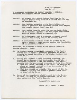 Student Senate Resolution 11 – Requesting Faculty Council to Create a Procedure for the Handling of Student Conduct Appeals, 04 May 1967