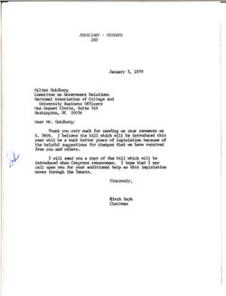 Letter from Birch Bayh to Milton Goldberg of the National Association of College and University Business Officers, January 3, 1979