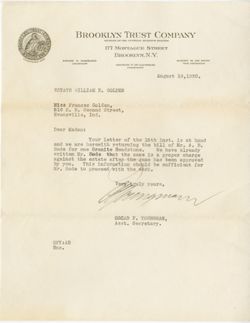 Letter from Brooklyn Trust Company to Frances Golden, August 1930