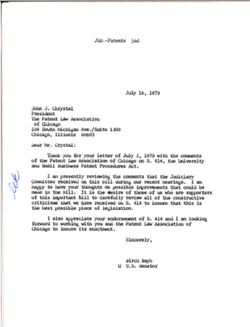 Letter from Birch Bayh to John J. Chrystal of the Patent Law Association of Chicago, July 16, 1979