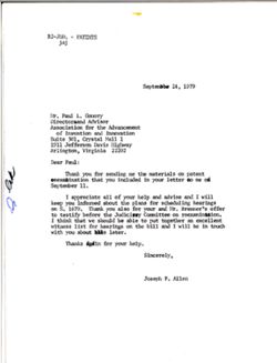 Letter from Joseph P. Allen to Paul L. Gomory of the Association for the Advancement of Invention and Innovation, September 24, 1979