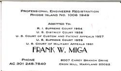 Business card for Frank W. Miga, 1978-1980
