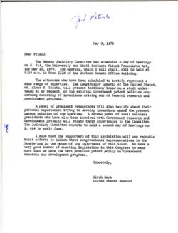 Dear Friend Letter from Birch Bayh re hearings on S. 414 scheduled for May 16, 1979, May 9, 1979