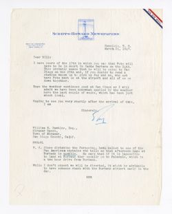 21 March 1947: To: William W. Hawkins. From: Roy W. Howard.
