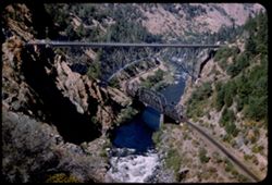 Hwy arch bridge and Western Pacific RR bridge over North Fork Feather River. Butte co., California.
