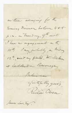1866 Oct. 4 - Owen, Sir Richard, 1804-1892, naturalist. British Museum. To James [Thomas] Law. Discussion of Owen’s plan of events with regard to a lecture being given at the Philosophical Institution, Bradford.