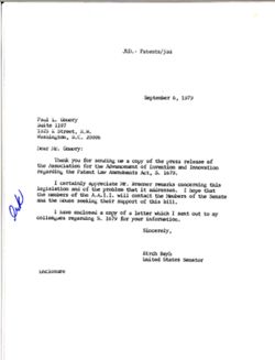 Letter from Birch Bayh to Paul L. Gomory of the Association for the Advancement of Invention and Innovation, September 6, 1979